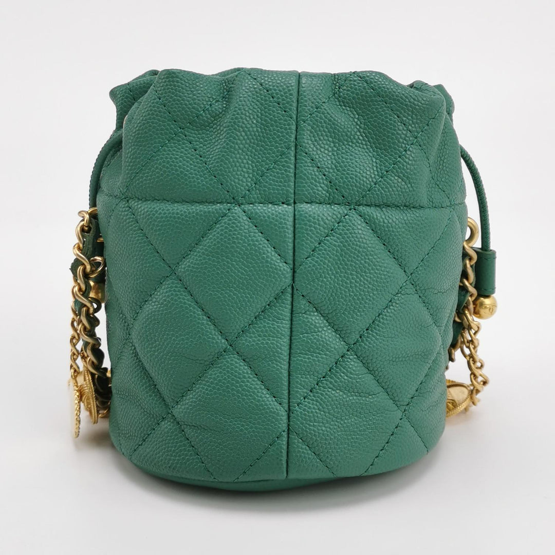 Chanel Medallion Charms Drawstring Bucket Bag Mini Quilted Caviar Green Gold Hardware