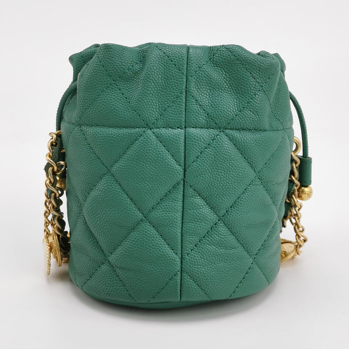 Chanel Medallion Charms Drawstring Bucket Bag Mini Quilted Caviar Green Gold Hardware