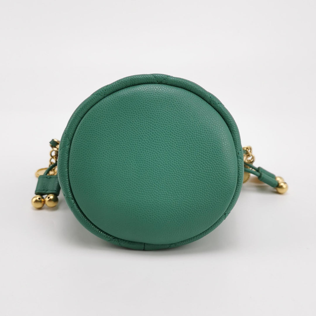 Chanel Medallion Charms Drawstring Bucket Bag Mini Quilted Caviar Green Gold Hardware