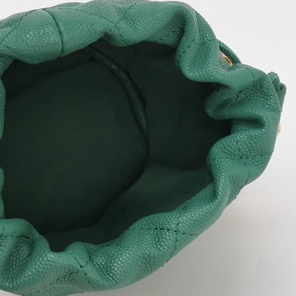 Chanel Medallion Charms Drawstring Bucket Bag Mini Quilted Caviar Green Gold Hardware