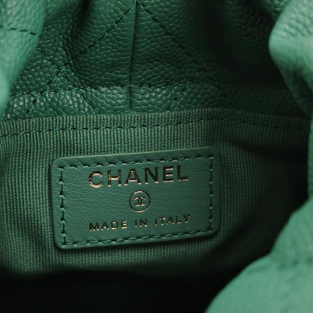 Chanel Medallion Charms Drawstring Bucket Bag Mini Quilted Caviar Green Gold Hardware