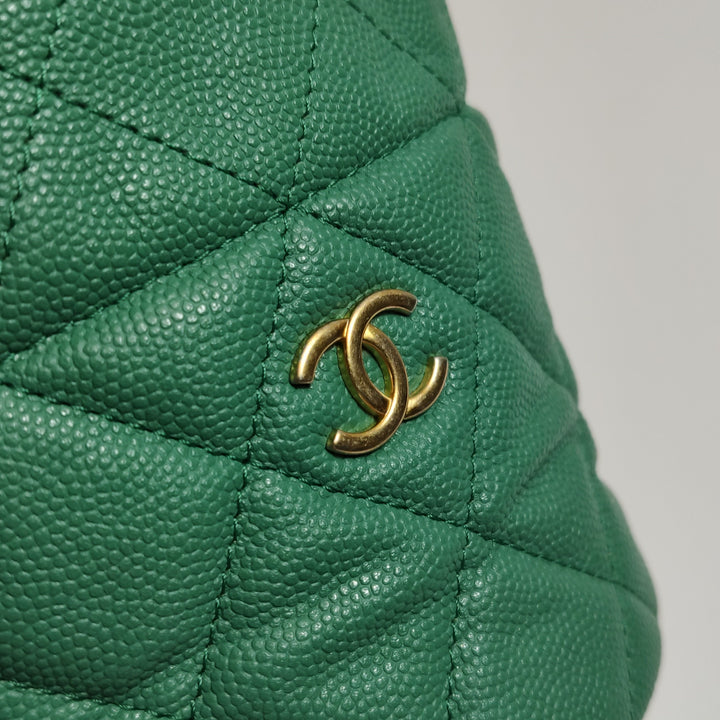Chanel Medallion Charms Drawstring Bucket Bag Mini Quilted Caviar Green Gold Hardware