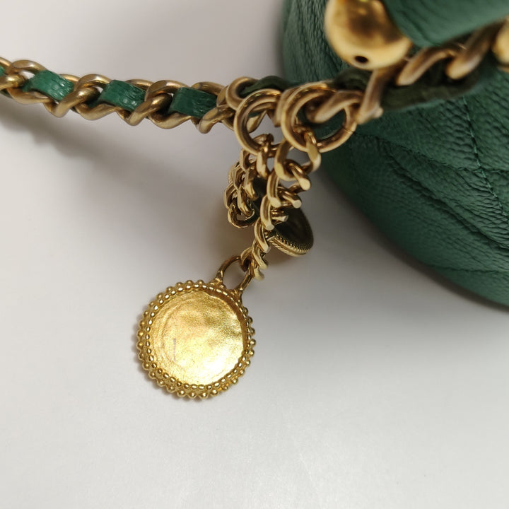 Chanel Medallion Charms Drawstring Bucket Bag Mini Quilted Caviar Green Gold Hardware