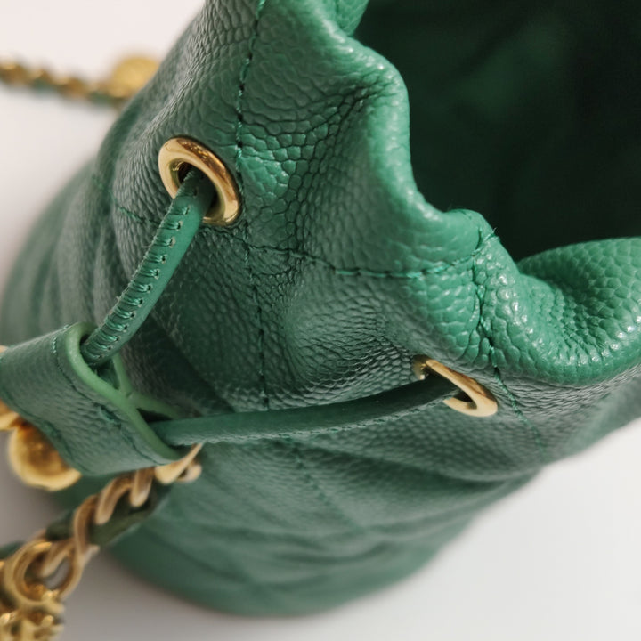 Chanel Medallion Charms Drawstring Bucket Bag Mini Quilted Caviar Green Gold Hardware