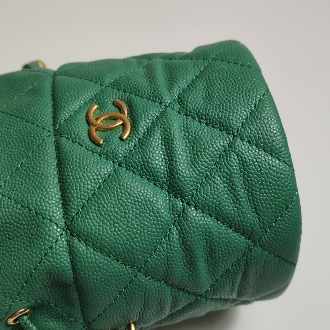 Chanel Medallion Charms Drawstring Bucket Bag Mini Quilted Caviar Green Gold Hardware