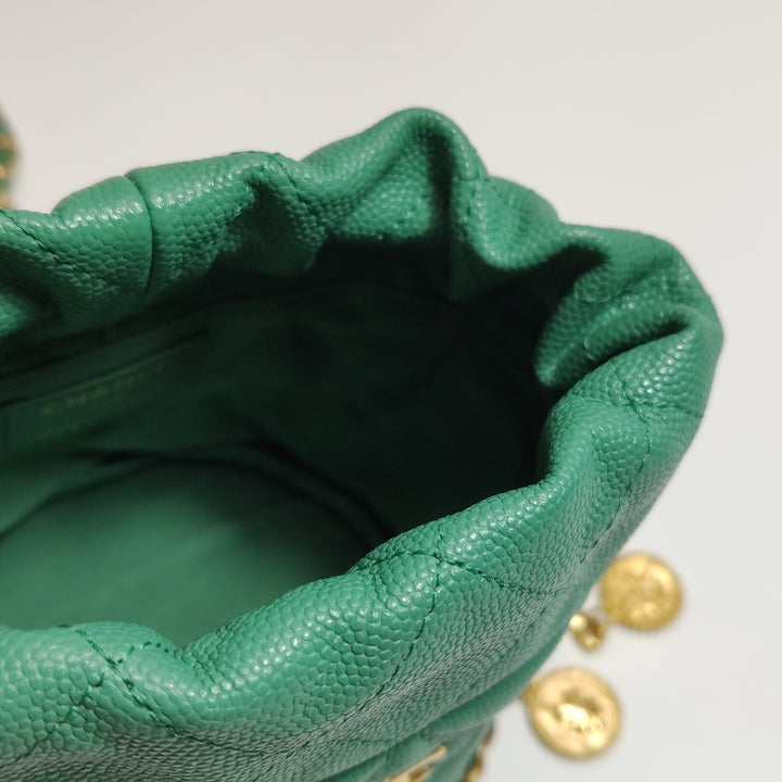 Chanel Medallion Charms Drawstring Bucket Bag Mini Quilted Caviar Green Gold Hardware