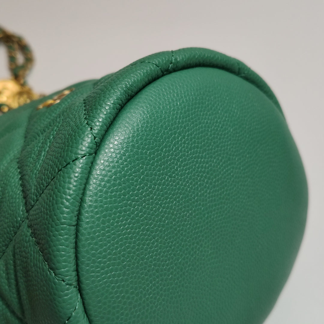 Chanel Medallion Charms Drawstring Bucket Bag Mini Quilted Caviar Green Gold Hardware