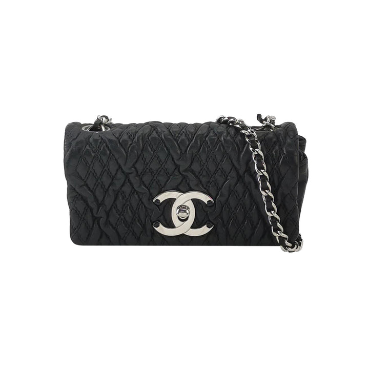 Chanel Astrakan Flap Bag Small Crinkled Calfskin Black Silver Hardware