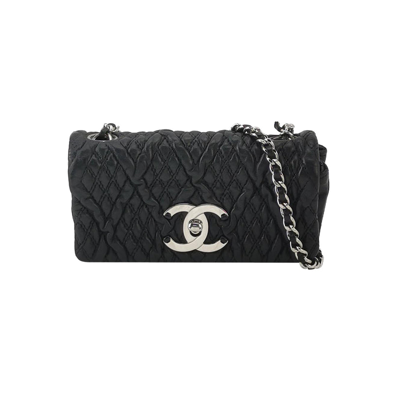 Chanel Astrakan Flap Bag Small Crinkled Calfskin Black Silver Hardware