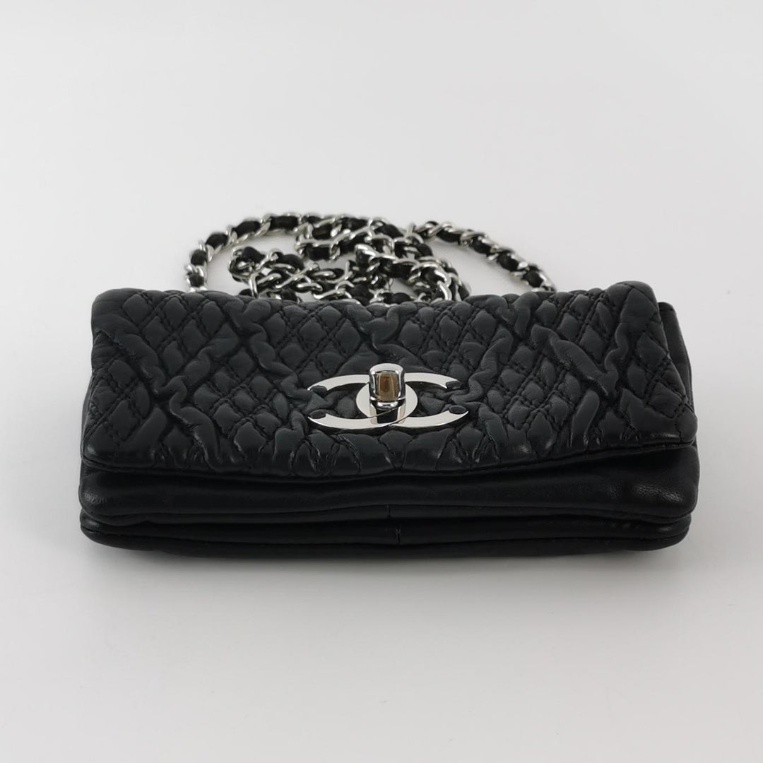 Chanel Astrakan Flap Bag Small Crinkled Calfskin Black Silver Hardware
