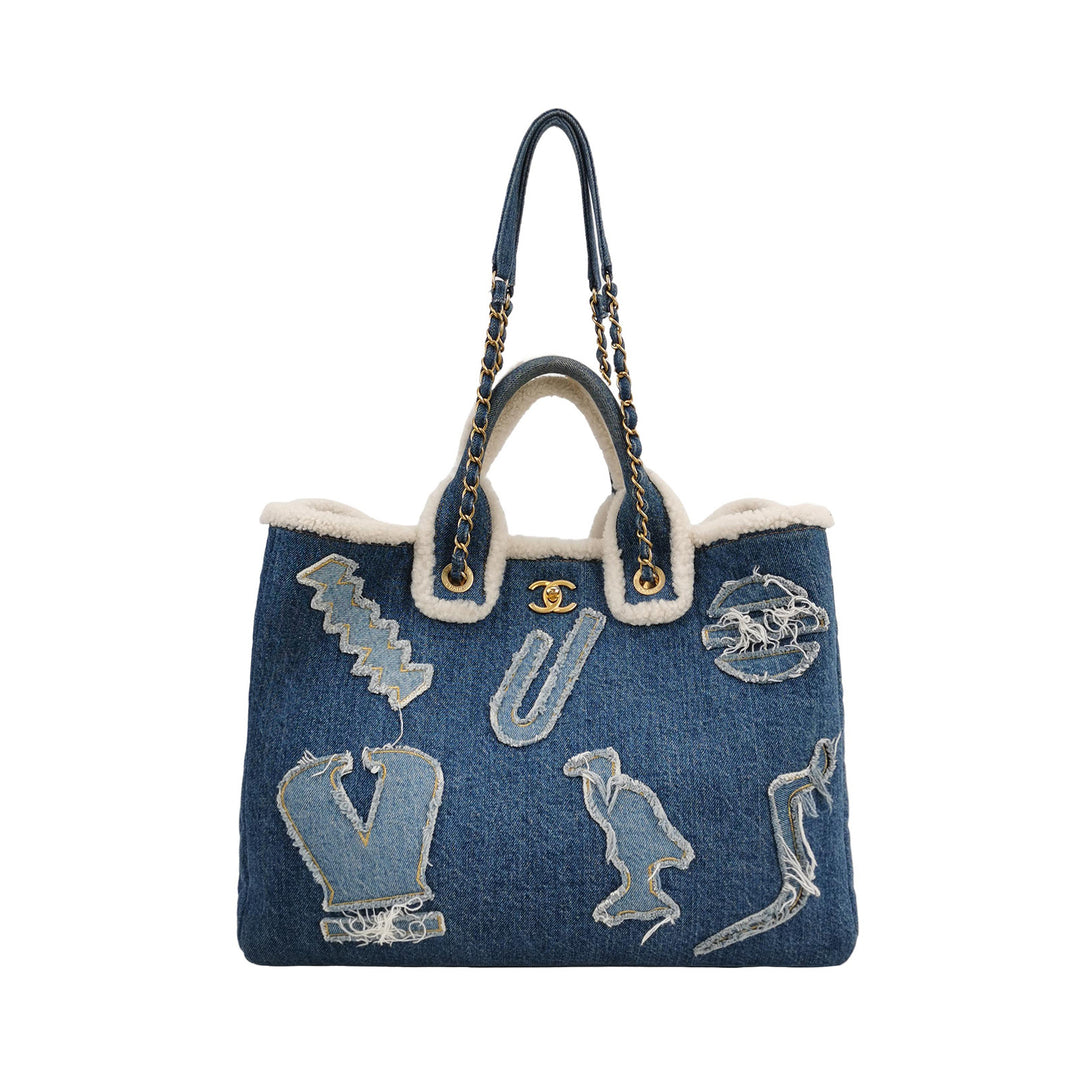 Chanel Denim Shearling Hieroglyph Patchwork Tote