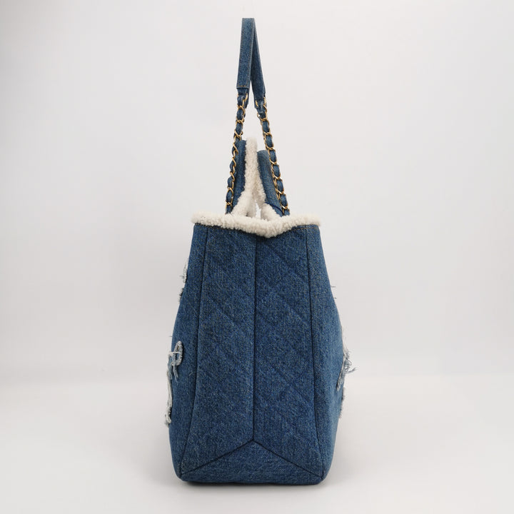 Chanel Denim Shearling Hieroglyph Patchwork Tote