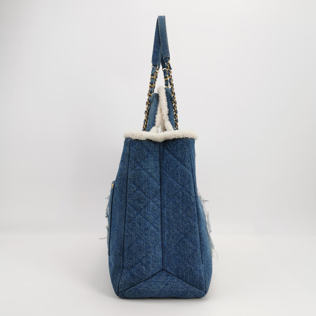 Chanel Denim Shearling Hieroglyph Patchwork Tote