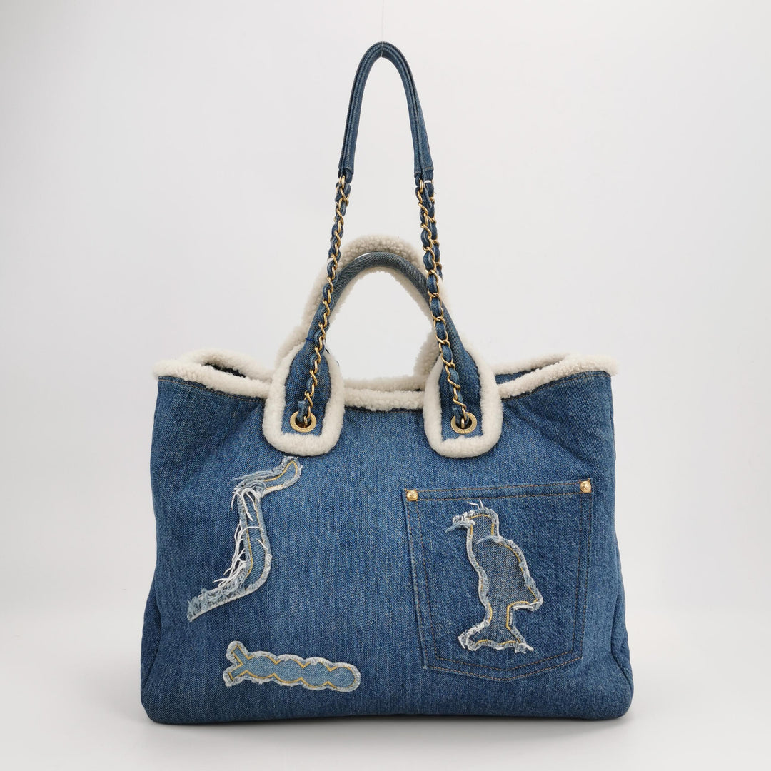 Chanel Denim Shearling Hieroglyph Patchwork Tote