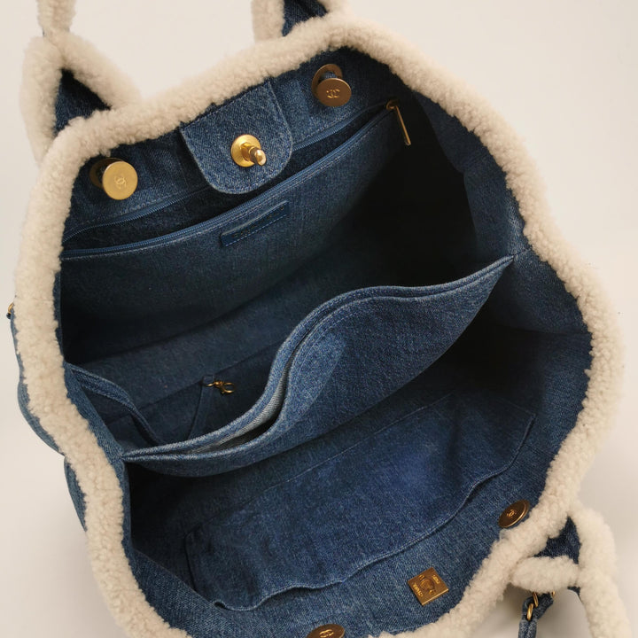 Chanel Denim Shearling Hieroglyph Patchwork Tote