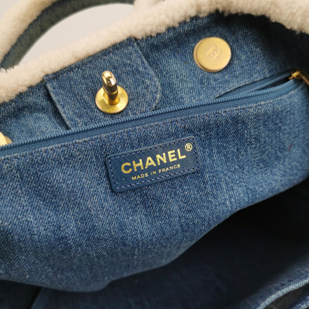 Chanel Denim Shearling Hieroglyph Patchwork Tote