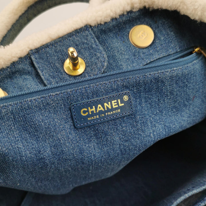 Chanel Denim Shearling Hieroglyph Patchwork Tote
