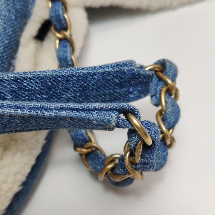Chanel Denim Shearling Hieroglyph Patchwork Tote