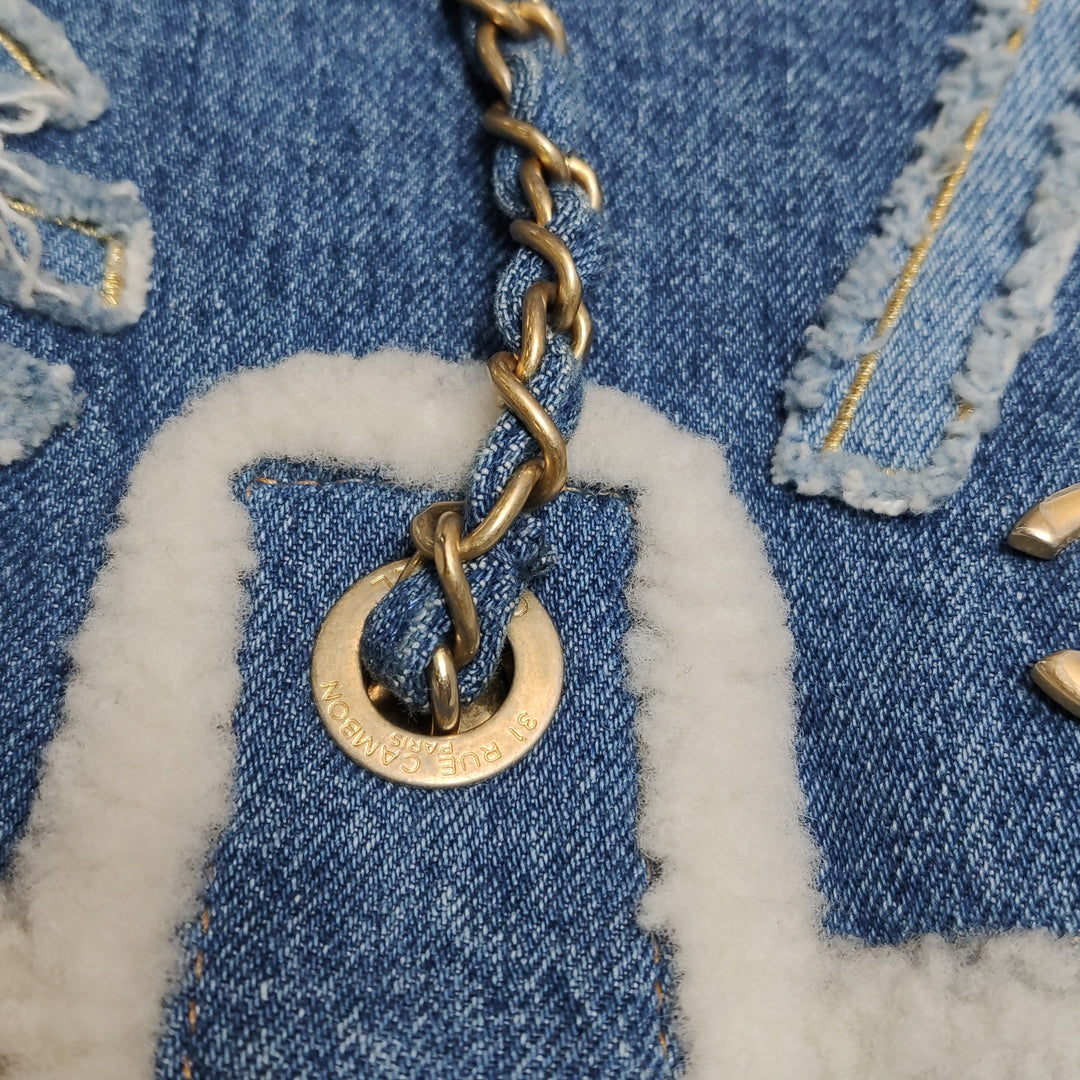 Chanel Denim Shearling Hieroglyph Patchwork Tote