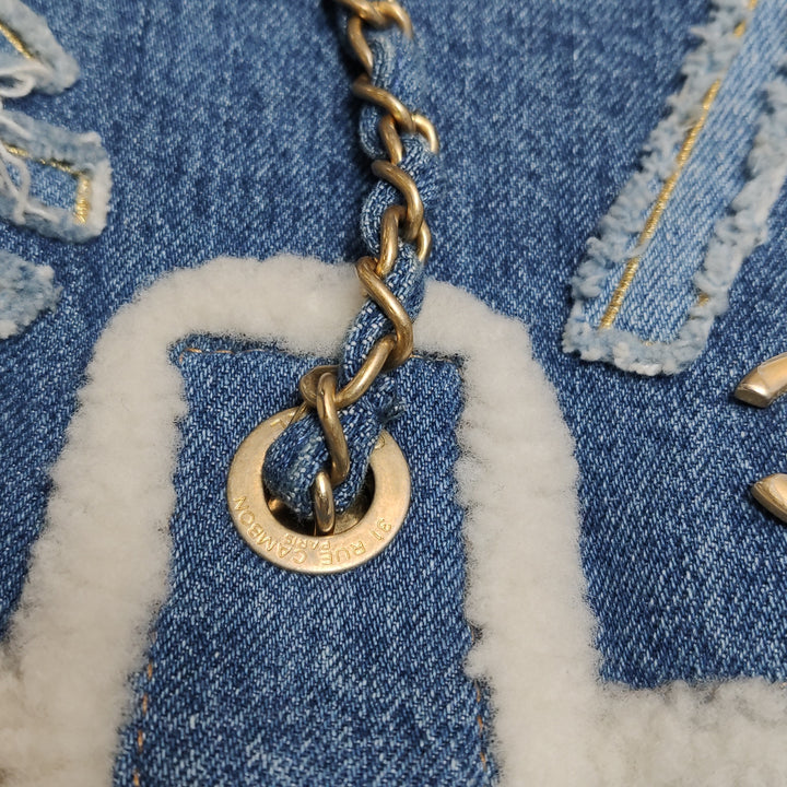 Chanel Denim Shearling Hieroglyph Patchwork Tote