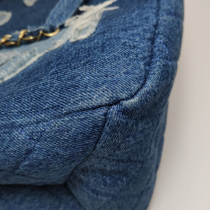 Chanel Denim Shearling Hieroglyph Patchwork Tote