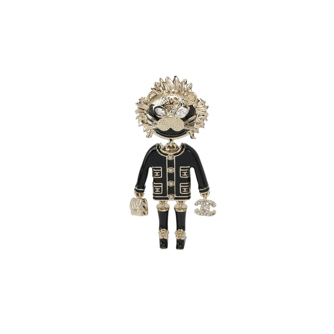 Chanel Lion CC Logo Black Jacket Gold Pin Brooch