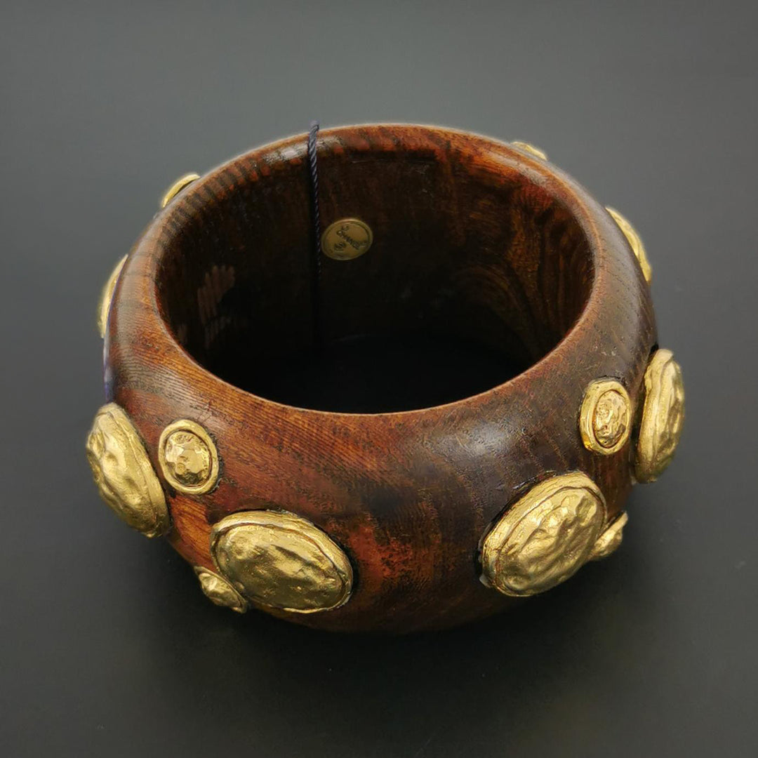 Chanel Vintage Wood Gold Detail Cuff Bangle