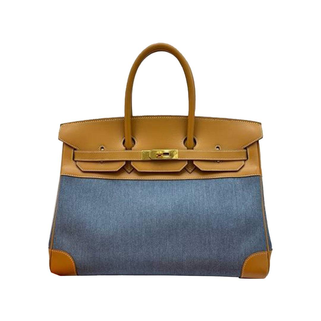 Hermes Birkin 35 Leather and Denim Handbag Gold Hardware