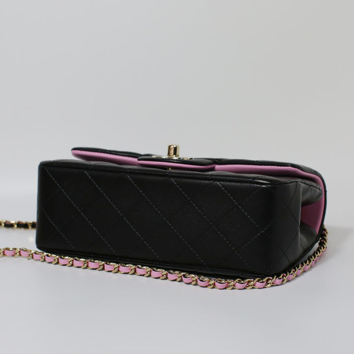 Chanel Lambskin Mini Rectangular Top Handle Flap Bag in Black Pink Two Tone Colours with Gold Hardware