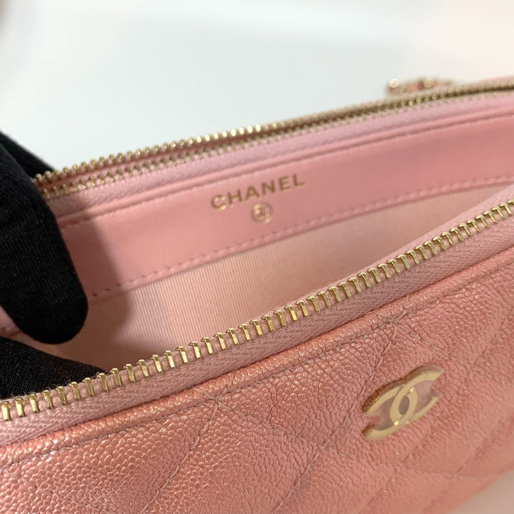 Chanel 2019 Iridescent Caviar Quilted Small Clutch With Chain in Pink with Gold Hardware