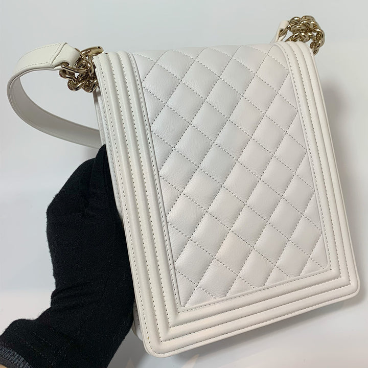 Chanel North South Boy Flap Bag in White Lambskin and Gold Hardware