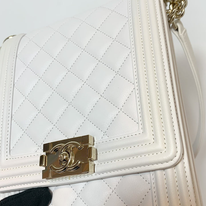 Chanel 2019 Lambskin North South Boy Flap Bag in White and Gold Hardware