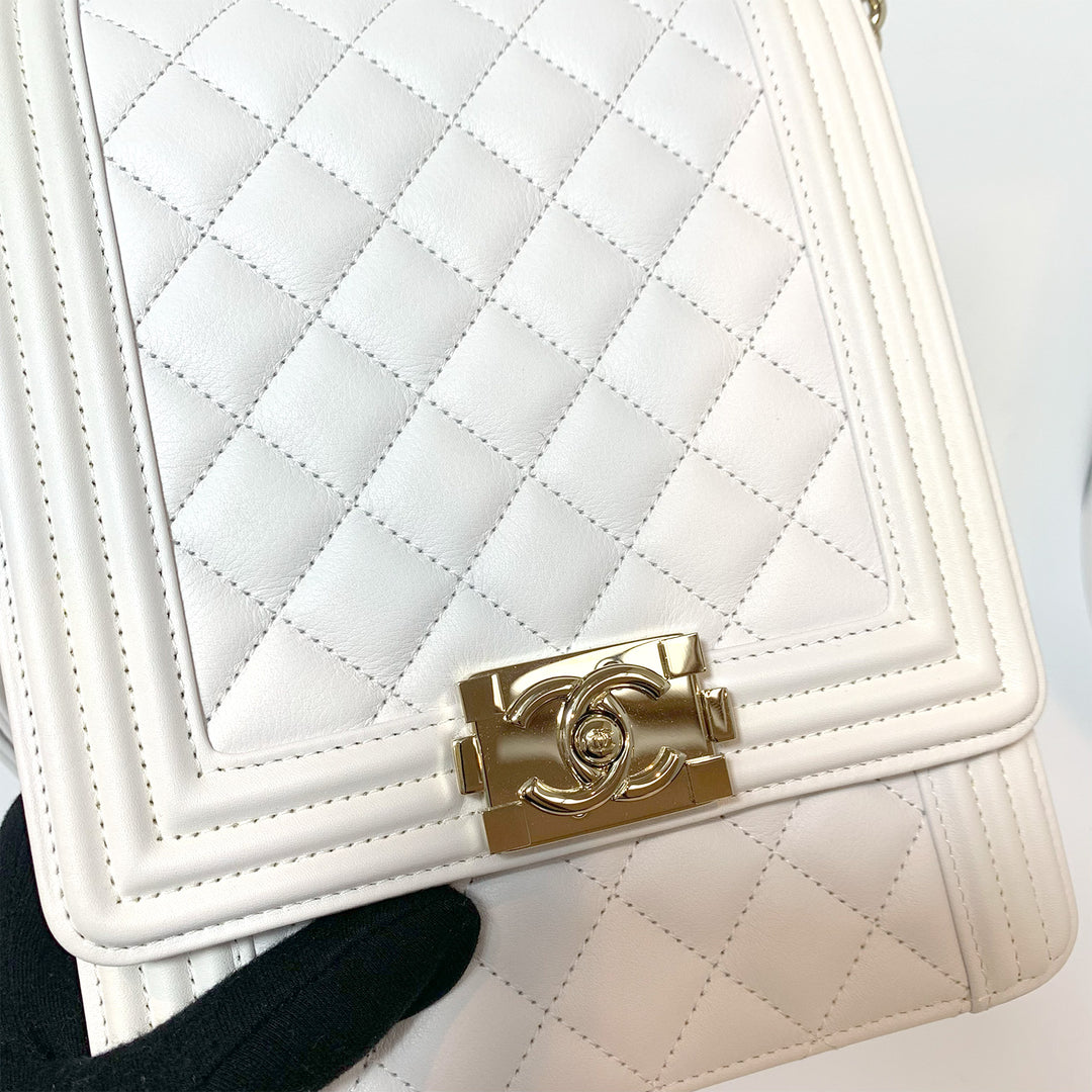 Chanel North South Boy Flap Bag in White Lambskin and Gold Hardware