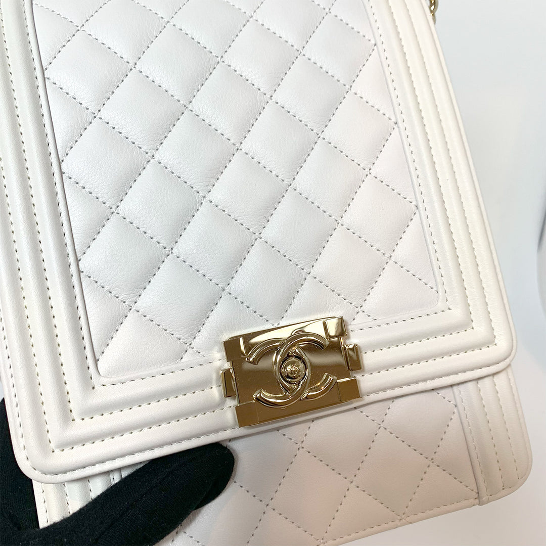 Chanel 2019 Lambskin North South Boy Flap Bag in White and Gold Hardware