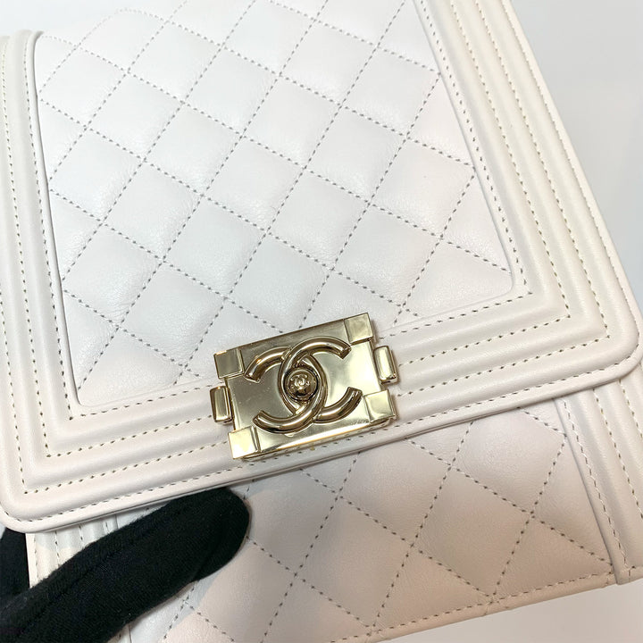 Chanel 2019 Lambskin North South Boy Flap Bag in White and Gold Hardware