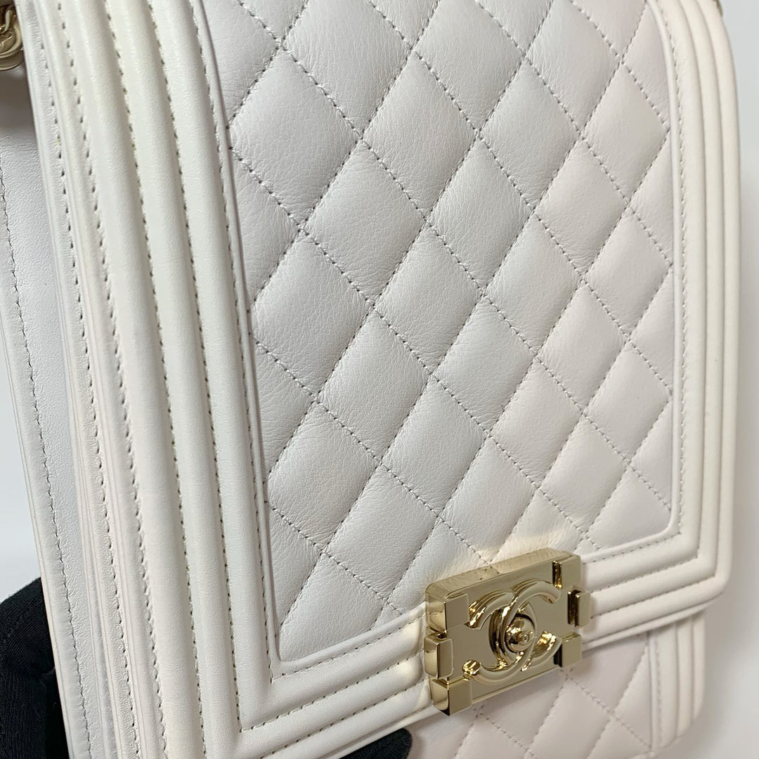 Chanel North South Boy Flap Bag in White Lambskin and Gold Hardware