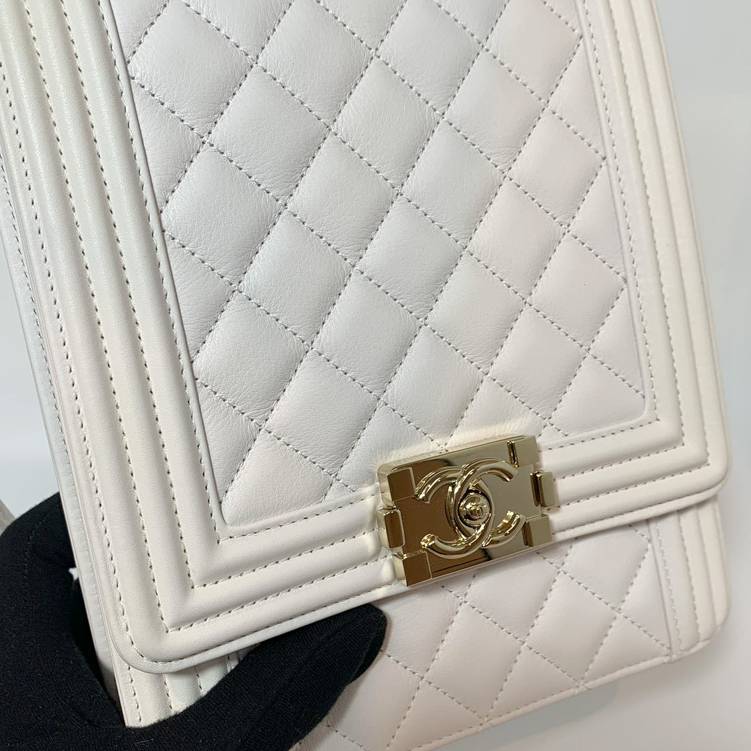 Chanel 2019 Lambskin North South Boy Flap Bag in White and Gold Hardware