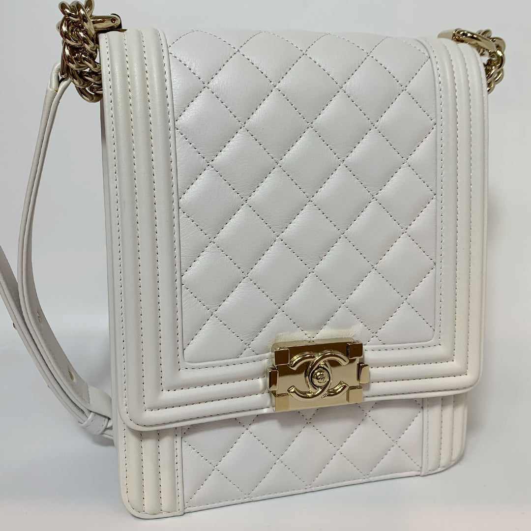 Chanel North South Boy Flap Bag in White Lambskin and Gold Hardware