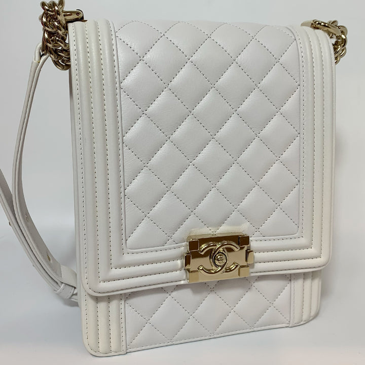 Chanel North South Boy Flap Bag in White Lambskin and Gold Hardware