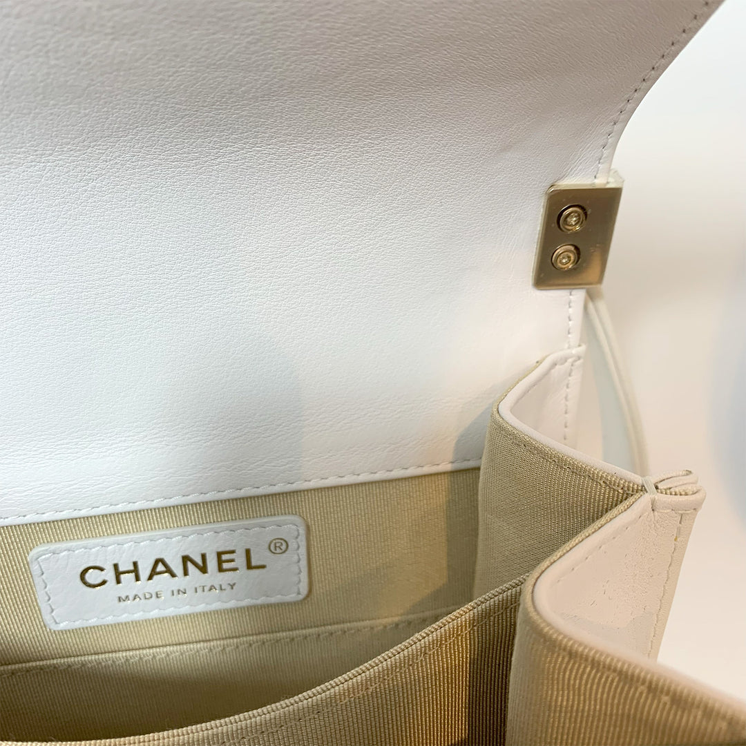 Chanel 2019 Lambskin North South Boy Flap Bag in White and Gold Hardware