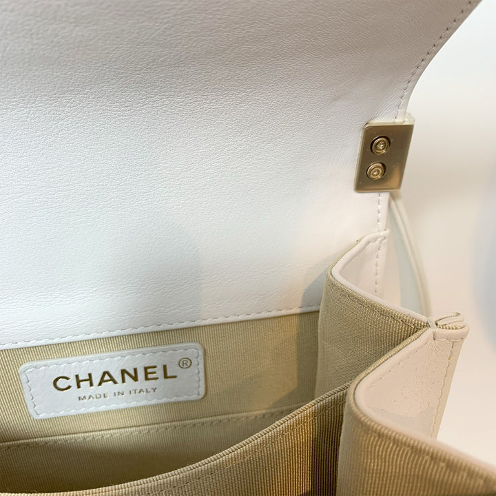 Chanel North South Boy Flap Bag in White Lambskin and Gold Hardware