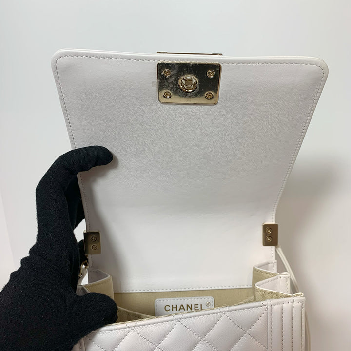 Chanel North South Boy Flap Bag in White Lambskin and Gold Hardware