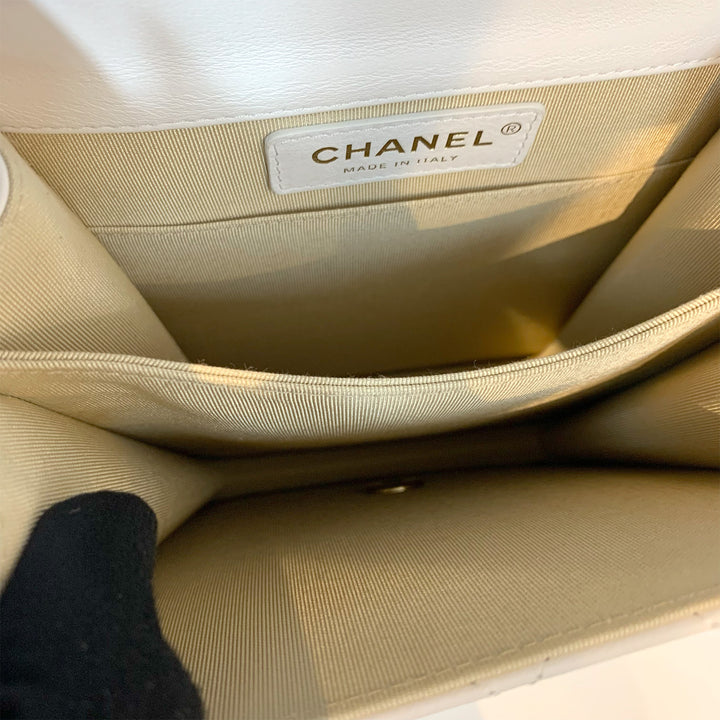 Chanel 2019 Lambskin North South Boy Flap Bag in White and Gold Hardware