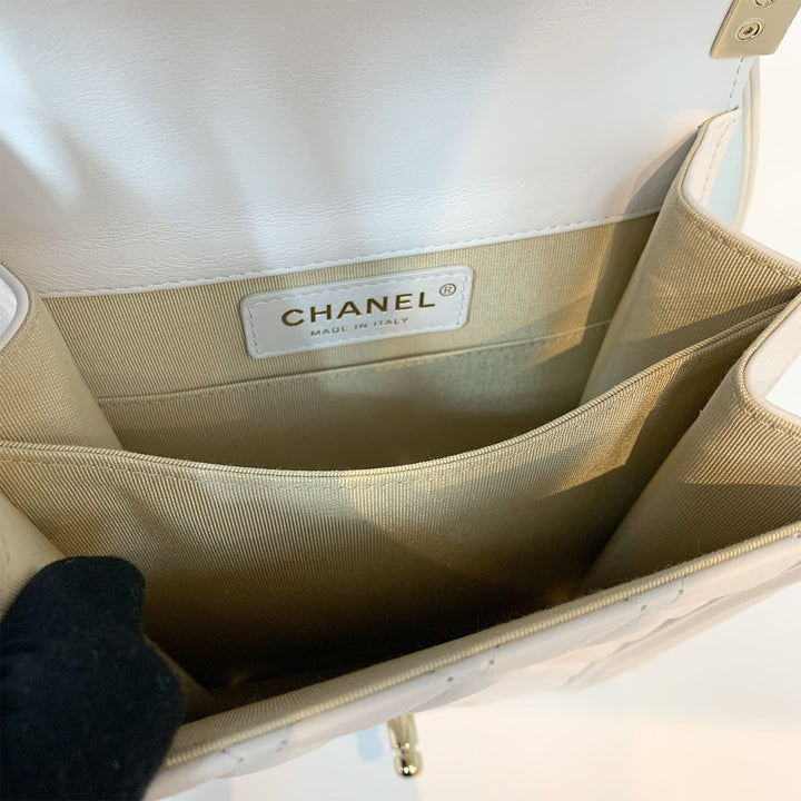 Chanel 2019 Lambskin North South Boy Flap Bag in White and Gold Hardware