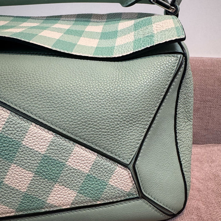 Loewe Medium Gingham Puzzle Bag In Green