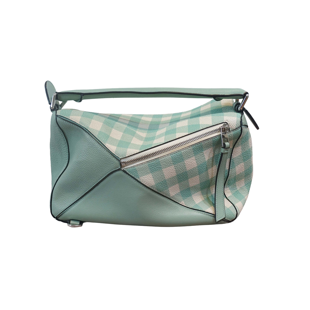 Loewe Medium Gingham Puzzle Bag In Green