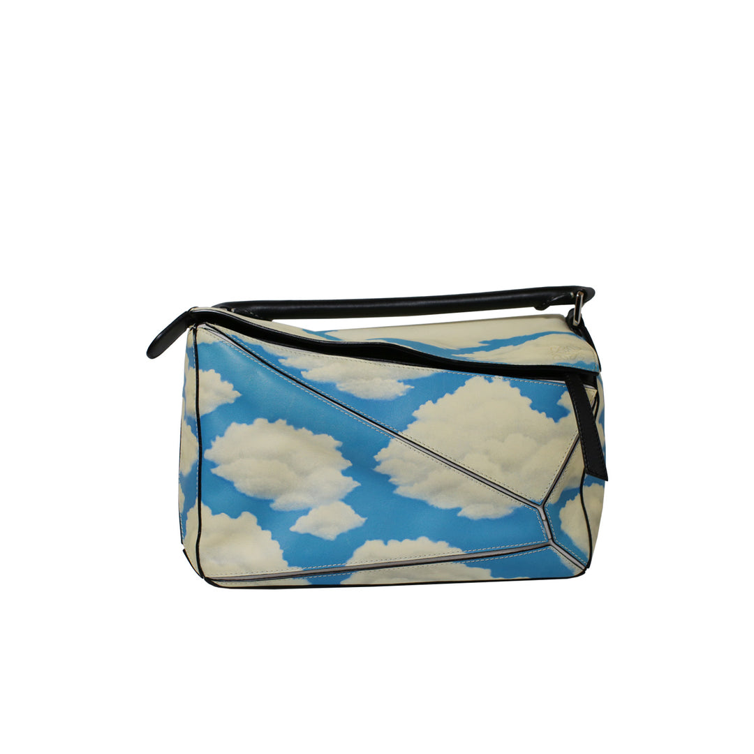 Loewe Medium Puzzle Bag in Blue Sky Ivory Clouds Print with Silver Hardware