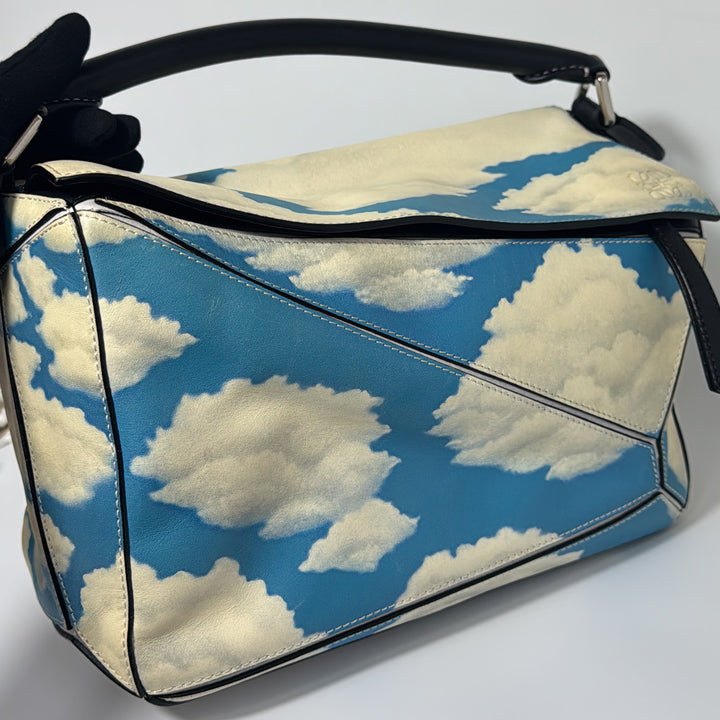 Loewe Medium Puzzle Bag in Blue Sky Ivory Clouds Print with Silver Hardware