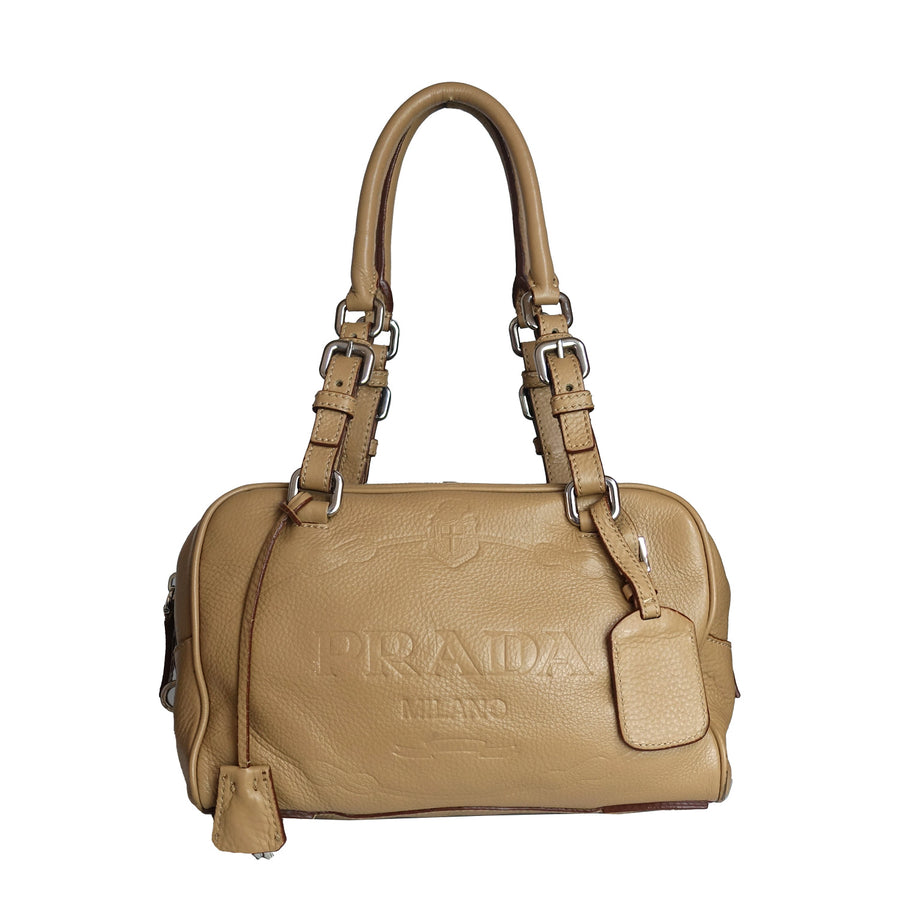 Pre-owned beige Prada Canapa Logo shoulder bag with Vitello Daino leather.