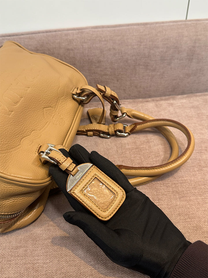 Prada Canapa Logo Vitello Daino Shoulder Bag Beige Silver Hardware